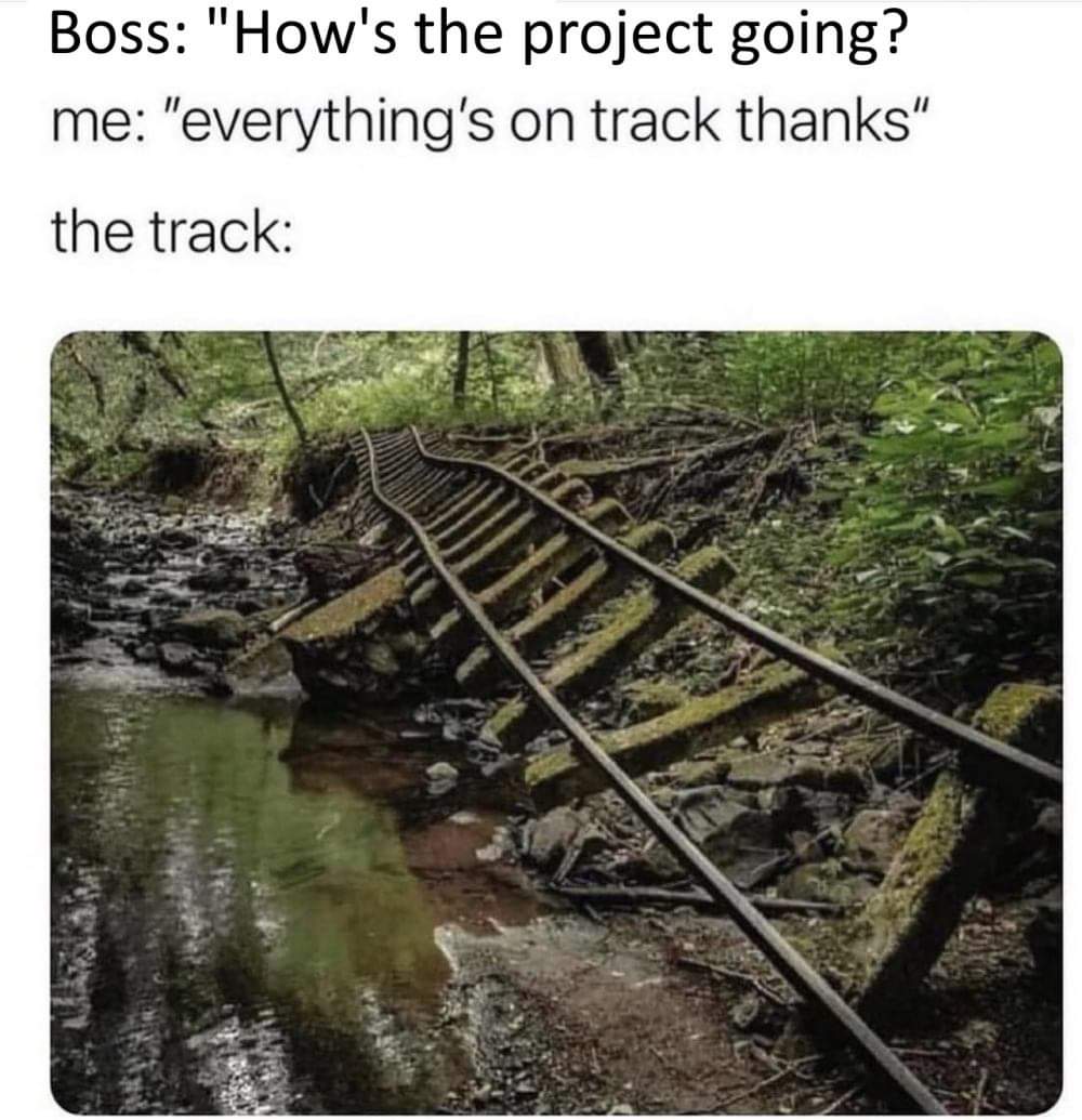 Boss: "How's the project going? me: "everything's on track thanks" the track: