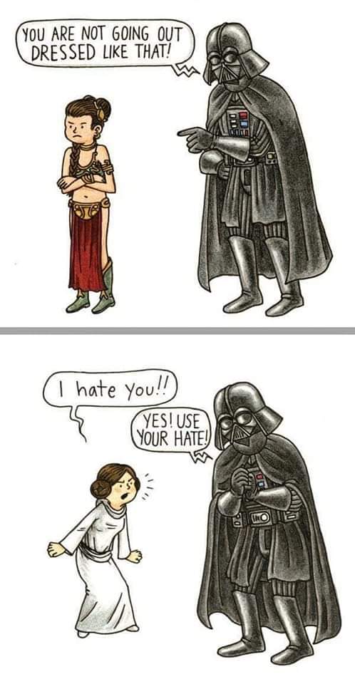 YOU ARE NOT GOING OUT DRESSED LIKE THAT! I hate you!! YES! USE YOUR HATE!