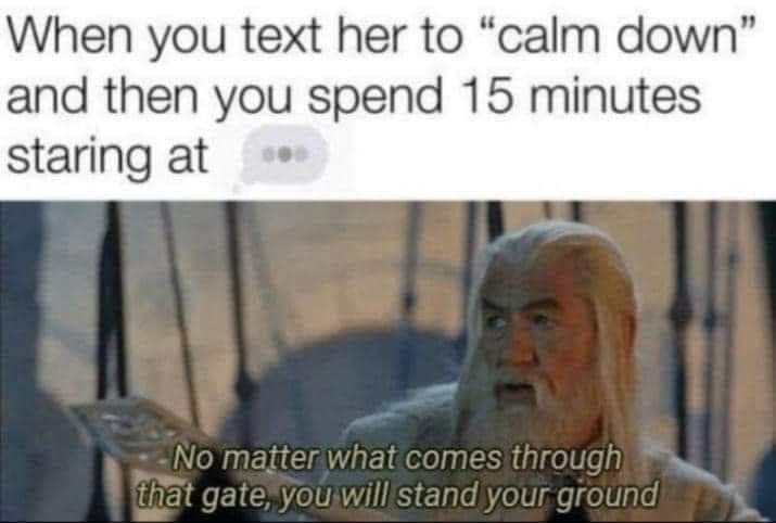 When you text her to "calm down" and then you spend 15 minutes staring at No matter what comes through that gate, you will stand your ground