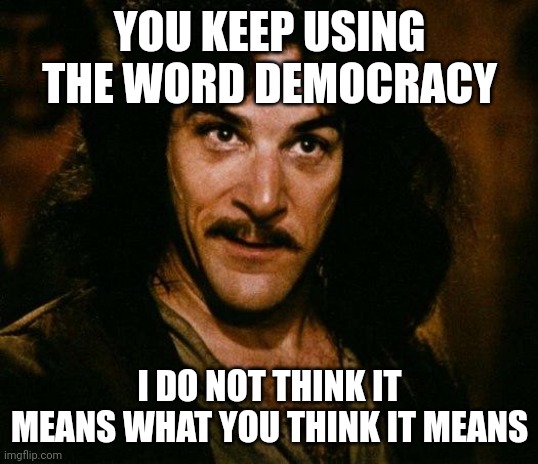 YOU KEEP USING THE WORD DEMOCRACY I DO NOT THINK IT MEANS WHAT YOU THINK IT MEANS imgflip.com