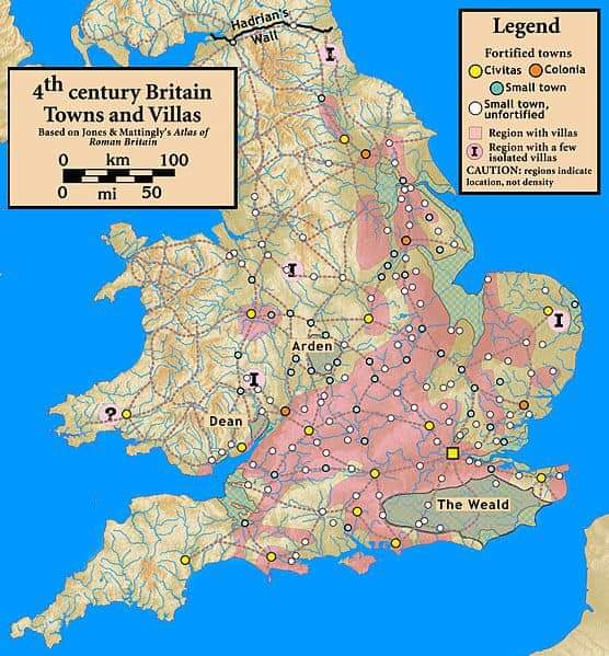 Hadrian's wally 4th century Britain Towns and Villas Based on Jones & Mattingly's Atlas of Roman Britain 0 ١ 100 Legend Fortified towns &bull;Civitas Colonia &bull; Small town &bull; small town, Region with villas I Region with a few isolated villas CAUTION: regions indicate location, not density Arden Dean o The Weald